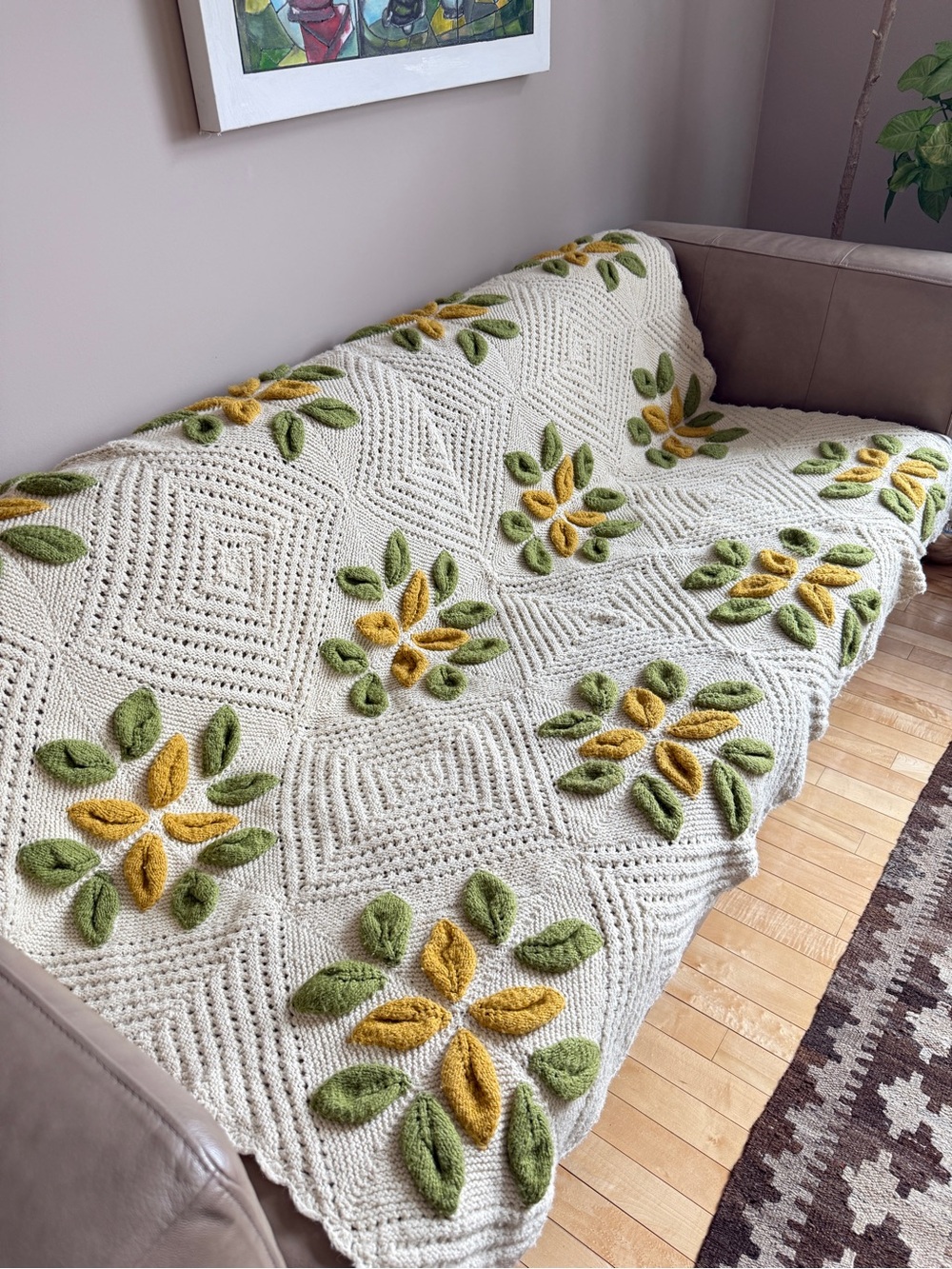 Handmade Beige Green Yellow 3D Floral Blanket Botanical Cottagecore MCM 50 x 67